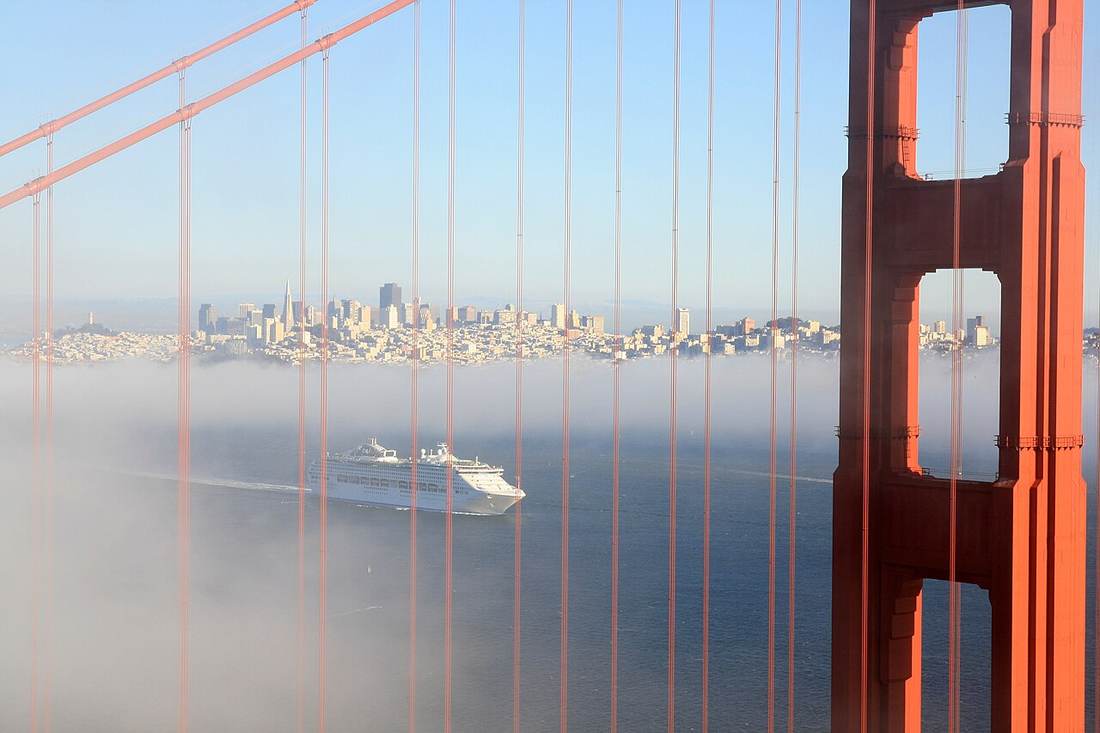 Cruise ship passing the Golden Gate Bridge